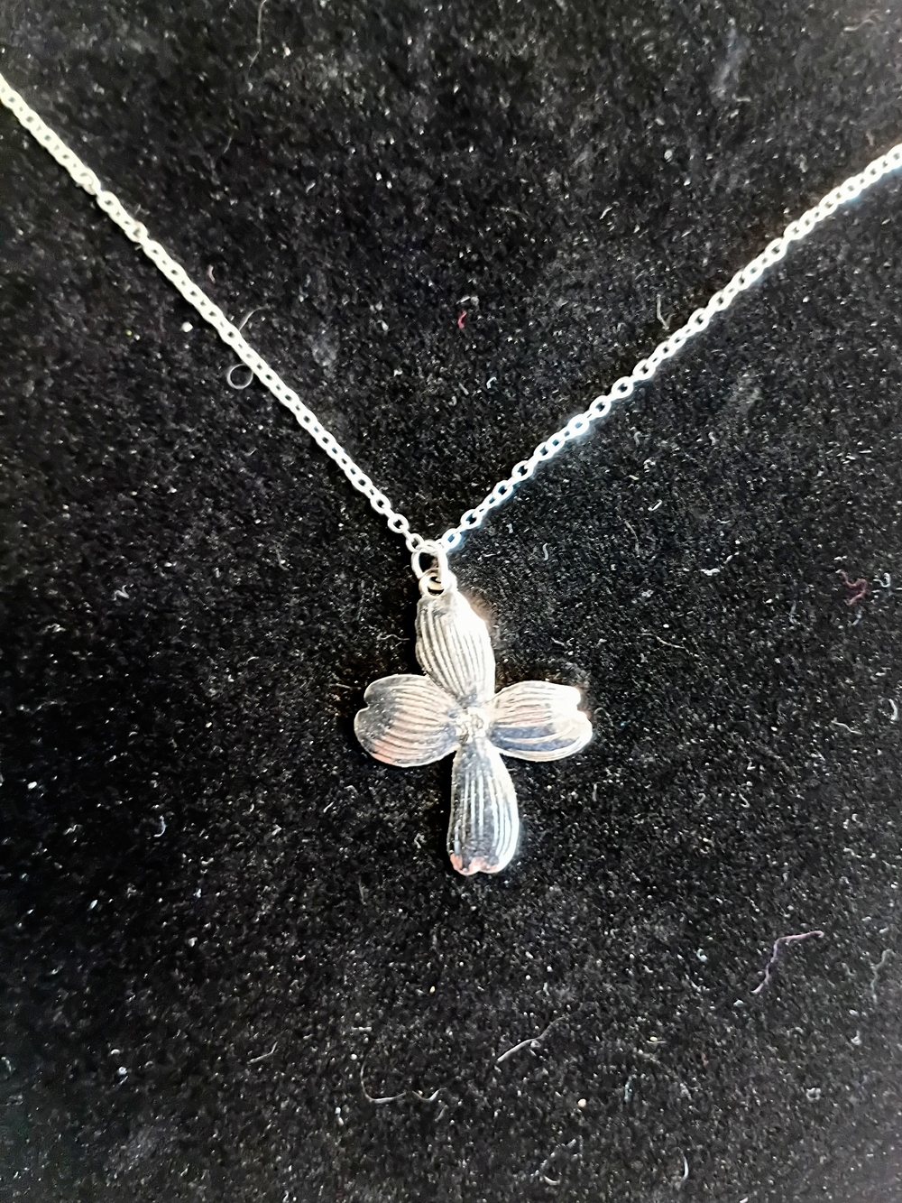 Delicate Silver Tone Dogwood Cross Pendant Necklace